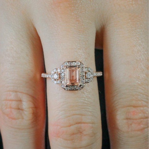 NEW 18K Rose Gold Diamond Morganite 3PC Ring Set - Picture 4 of 4